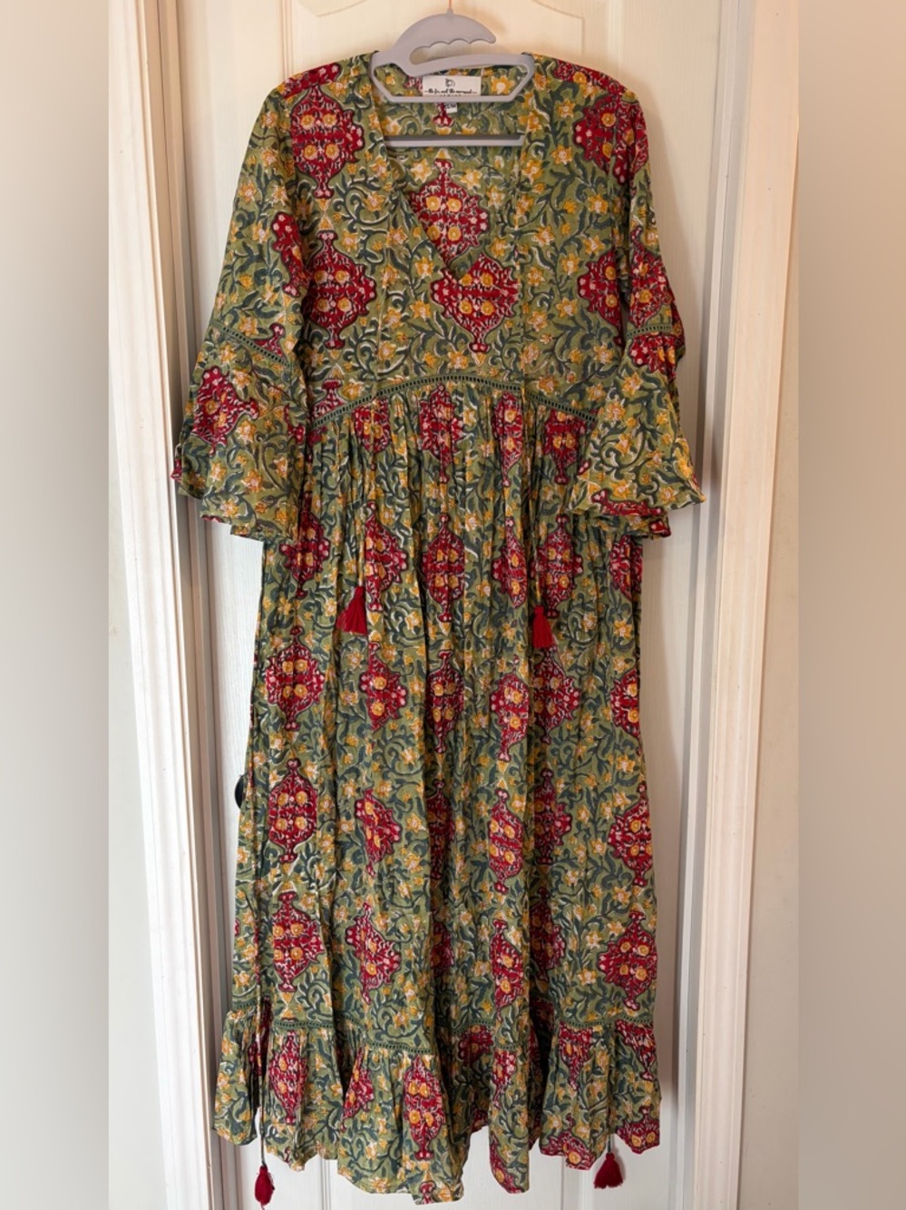 The fox and the mermaid VENICE Boho Floral Maxi Dress with Tassels - Green & Red